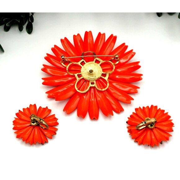 Vintage Flower Brooch & Earrings Set Orange Enamel Daisy Design 1960s Costume Je - Picture 5 of 9